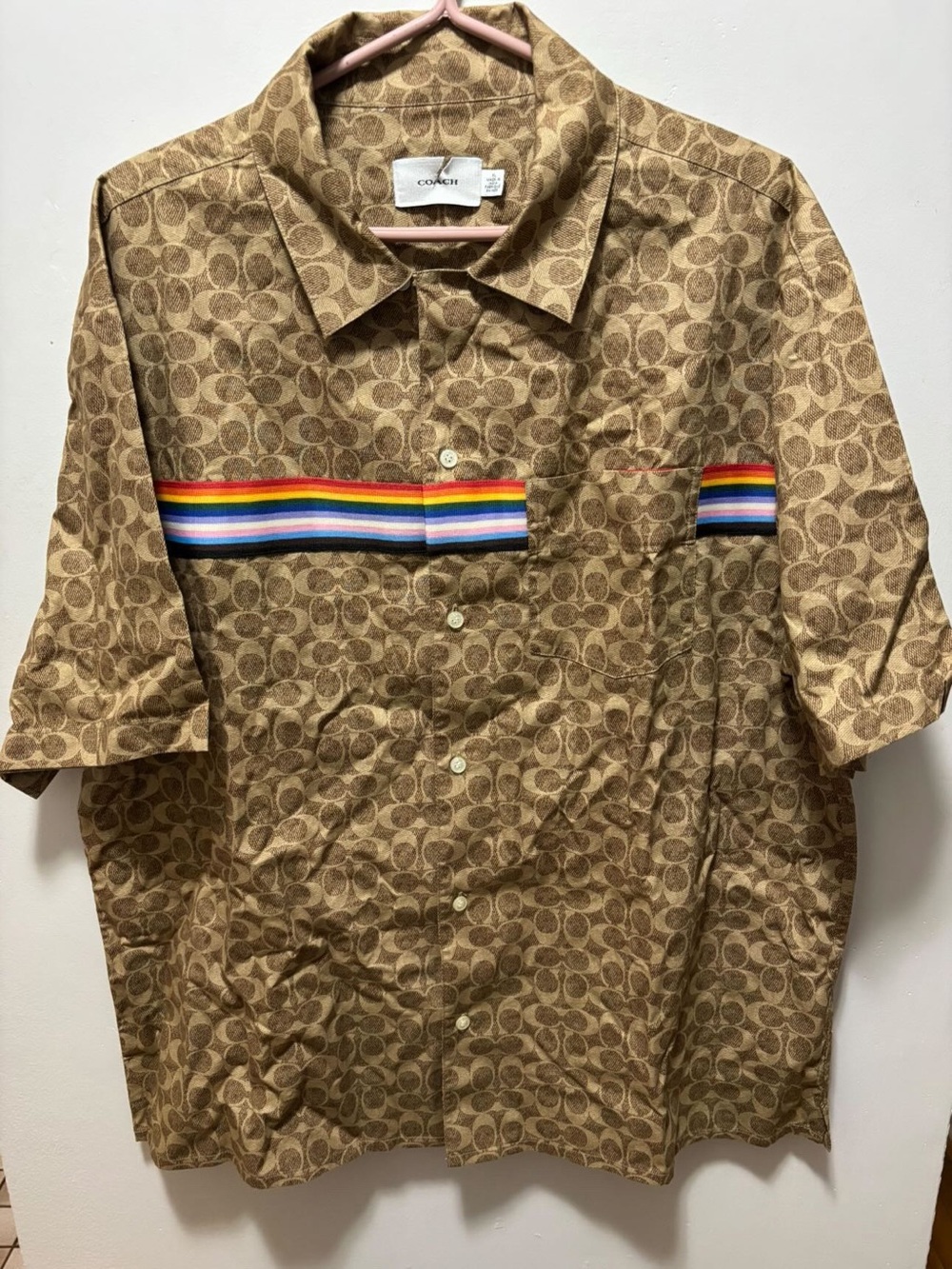 Brand New Coach Men’s Brown Short Sleeve Button Up Shirt with Pride Colours
